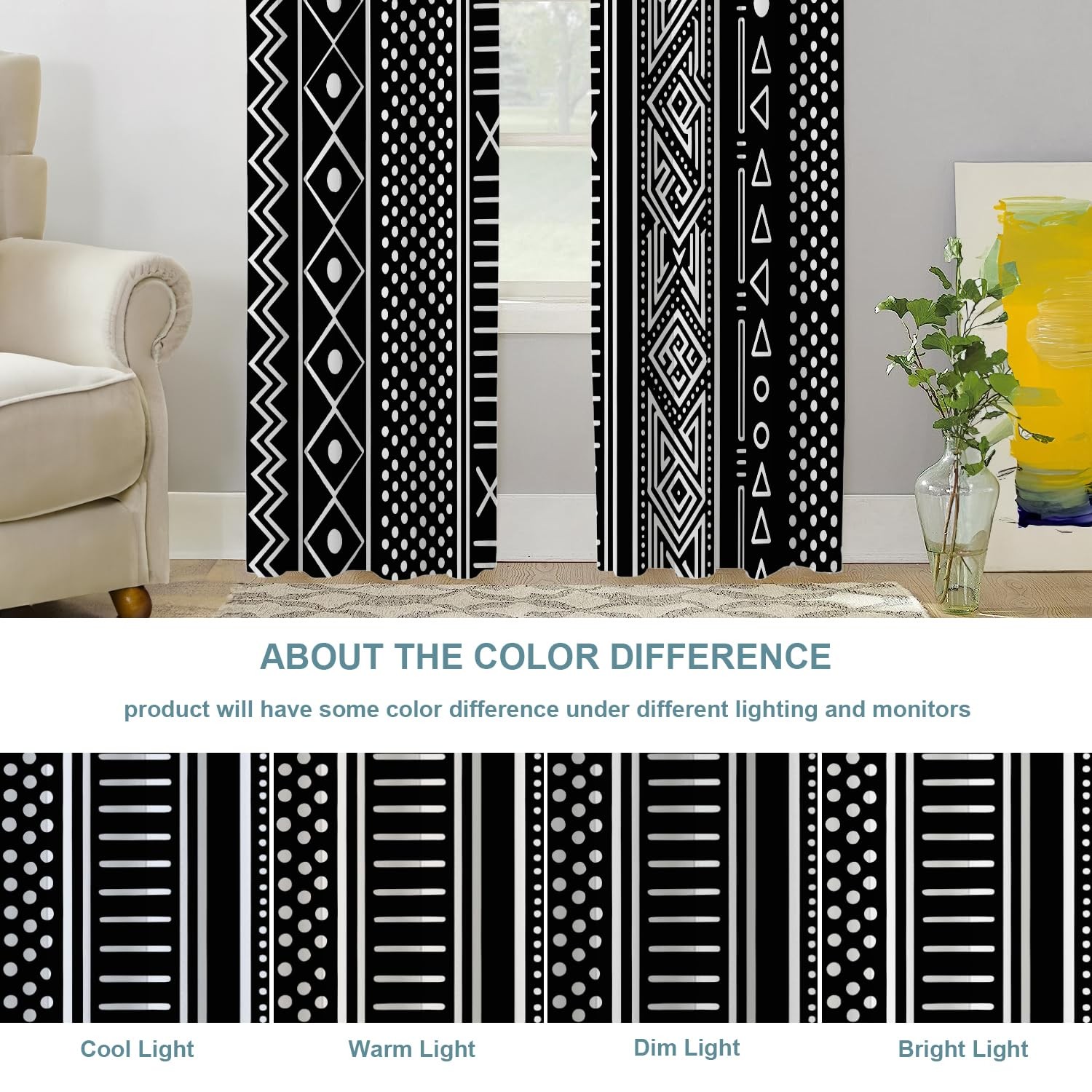 Traditional African Geometric Blackout Window Curtains, Black and White Triba…
