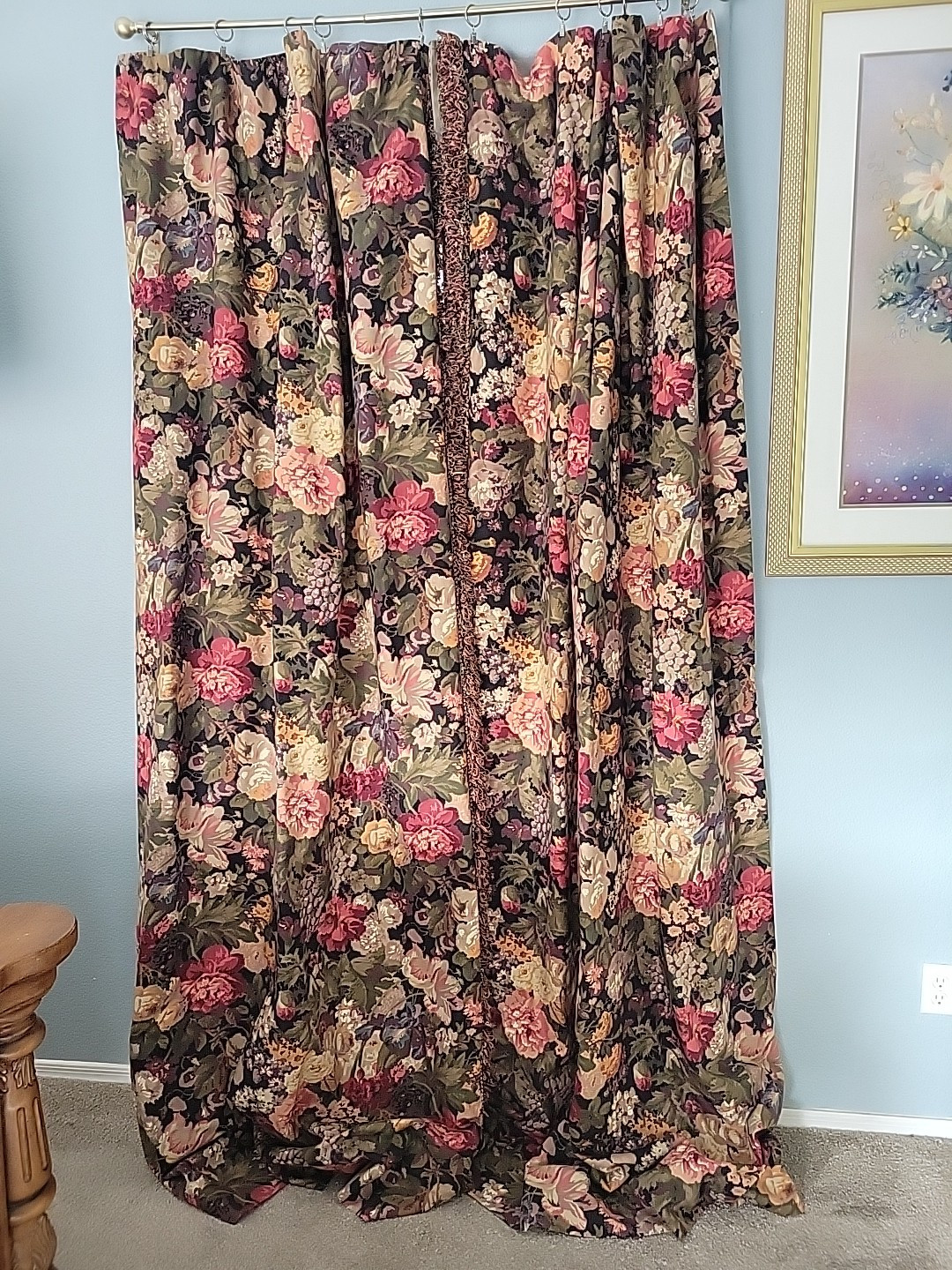 Custom Drapes Curtains Black Floral Lined Interlined Blackout Fringe 108×100