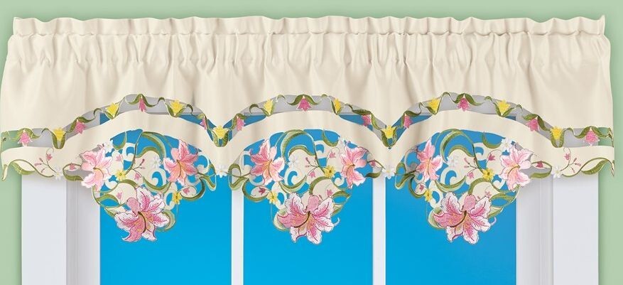1 Fabric Embroidered Kitchen Valance(app. 58.5″Wx16″L) CUTWORK LILIES FLOWERS,CE