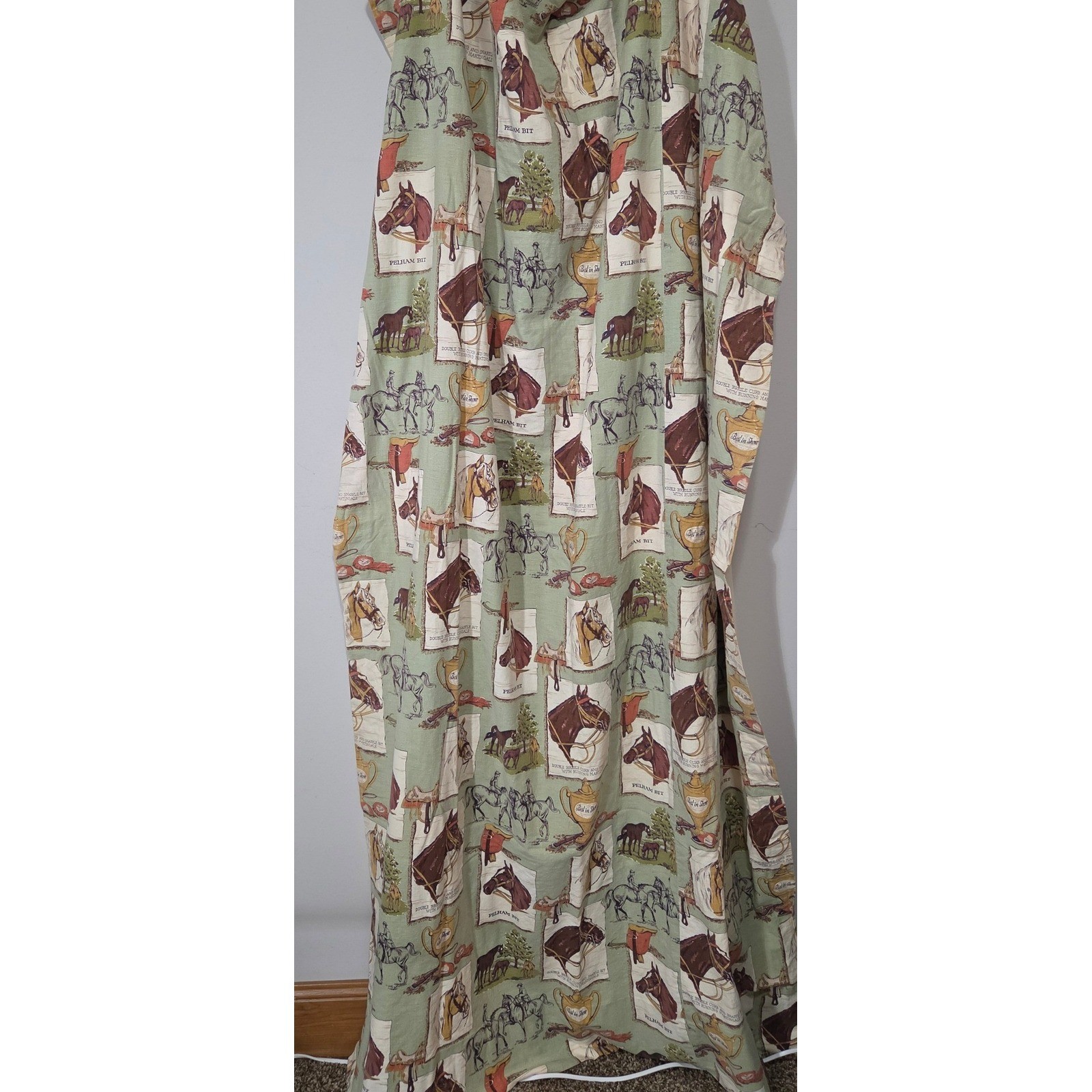 Vintage Equestrian Horse Print Curtain Panel Sage Green English Country 45×76
