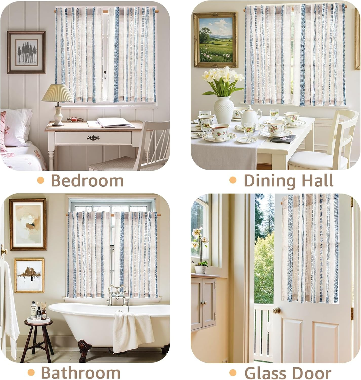 Boho Kitchen Curtains 36 Inch Linen Tier Curtains with Geometric Pattern Bohemia