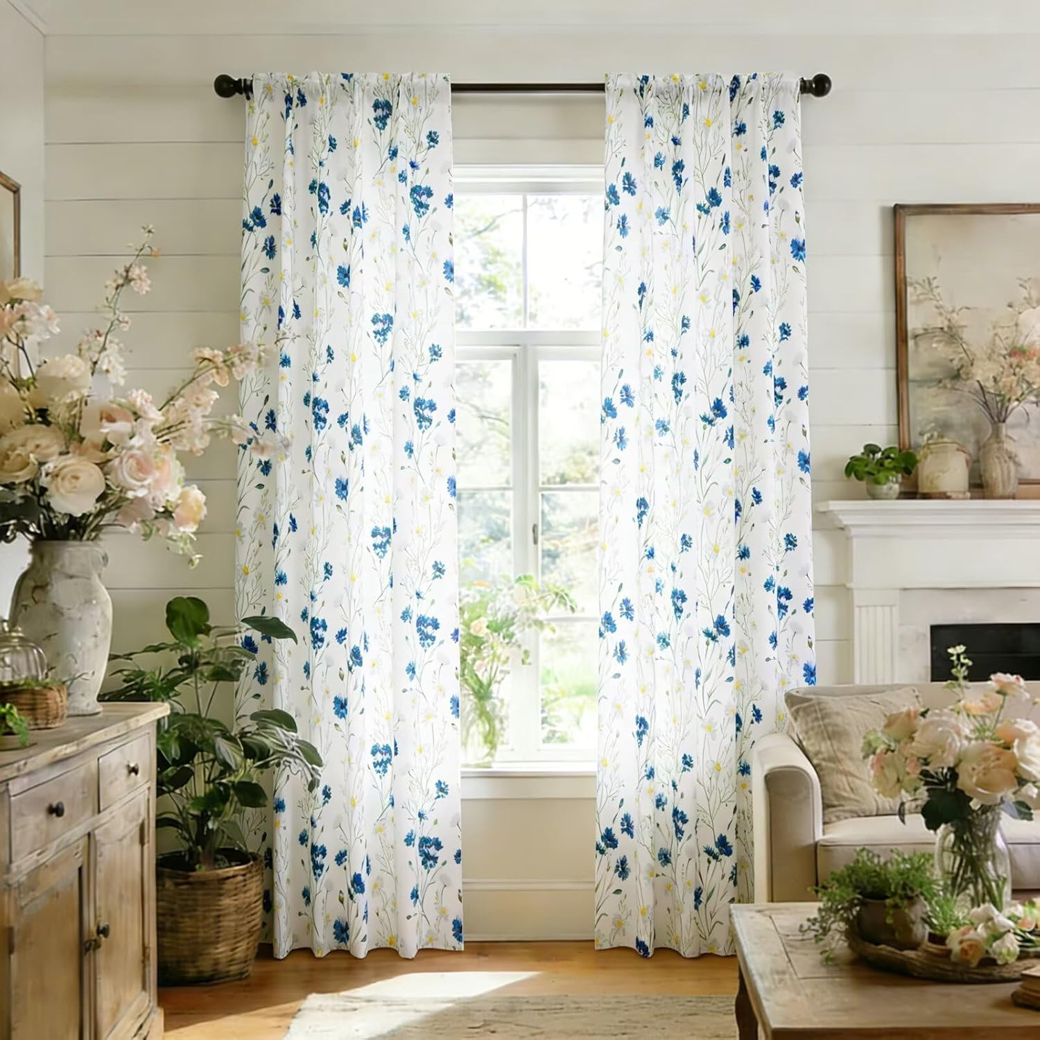 Blue White Floral Curtains 63 Inch 2 Panels Rod Pocket Light Filtering Drapes