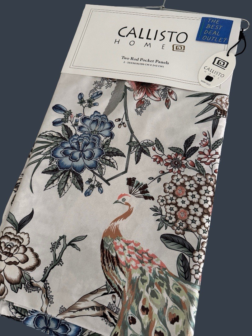 CALLISTO Window Curtains 2 Panels 38” X 96″ Peacock Birds Drapers Back Top Ivory