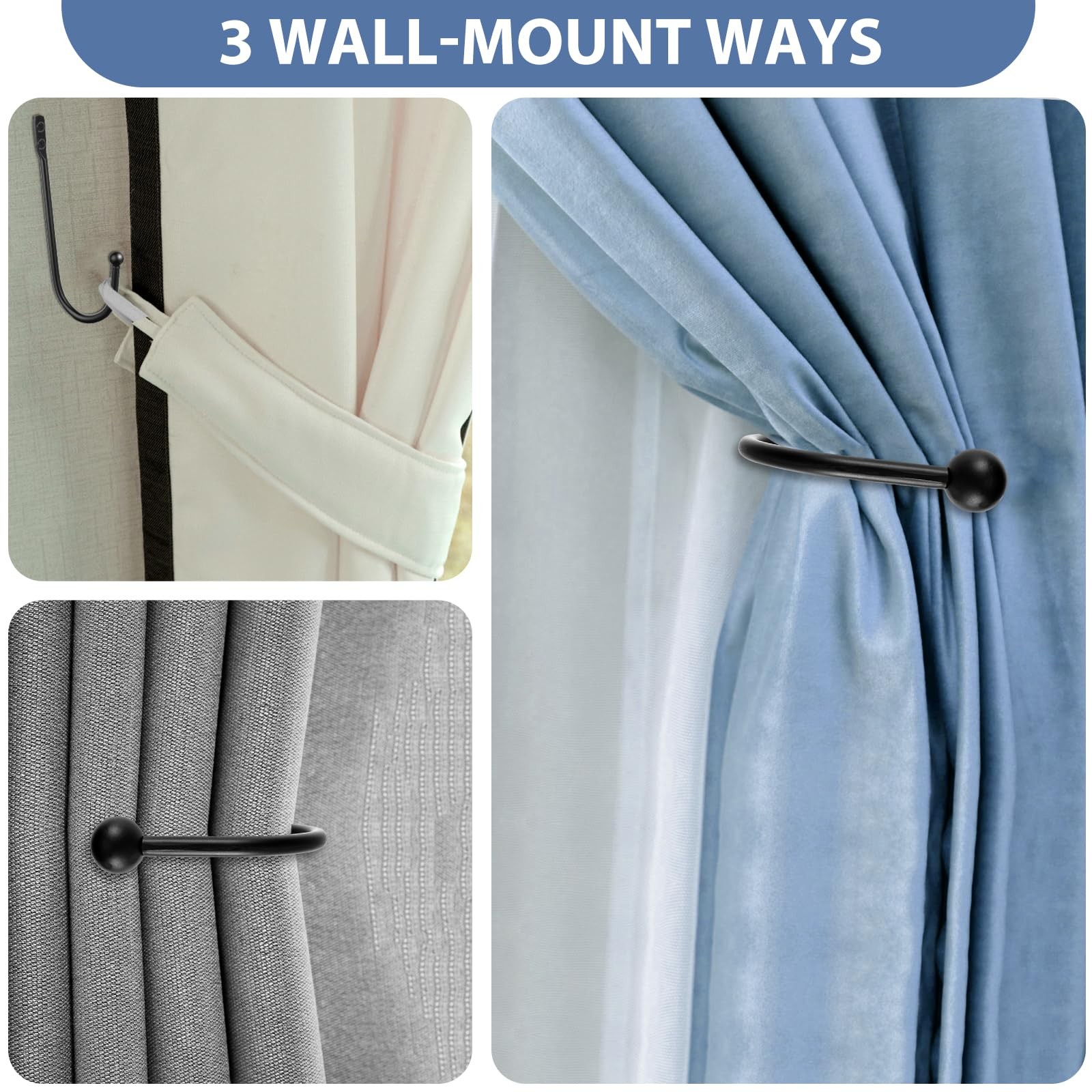 4 PCS Black Curtain Tie Backs Decorative Drapery Holders for Wall