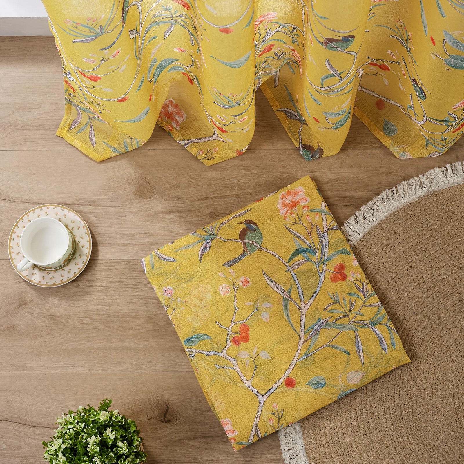 XTMYI Mustard Yellow Floral Sheer Curtains, 52″W x 84″L (Pack of 2),