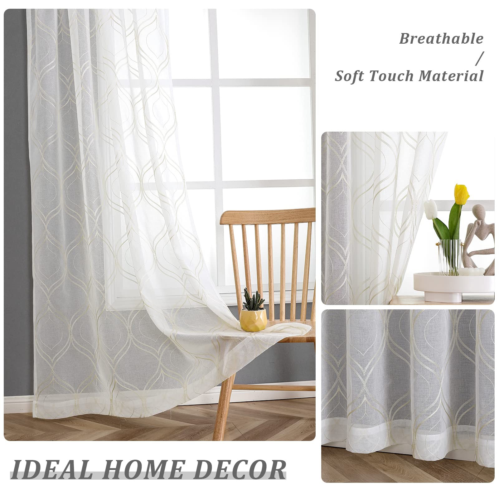 VISIONTEX Moroccan Embroidered White Sheer Curtains Panels, Decor French Texture