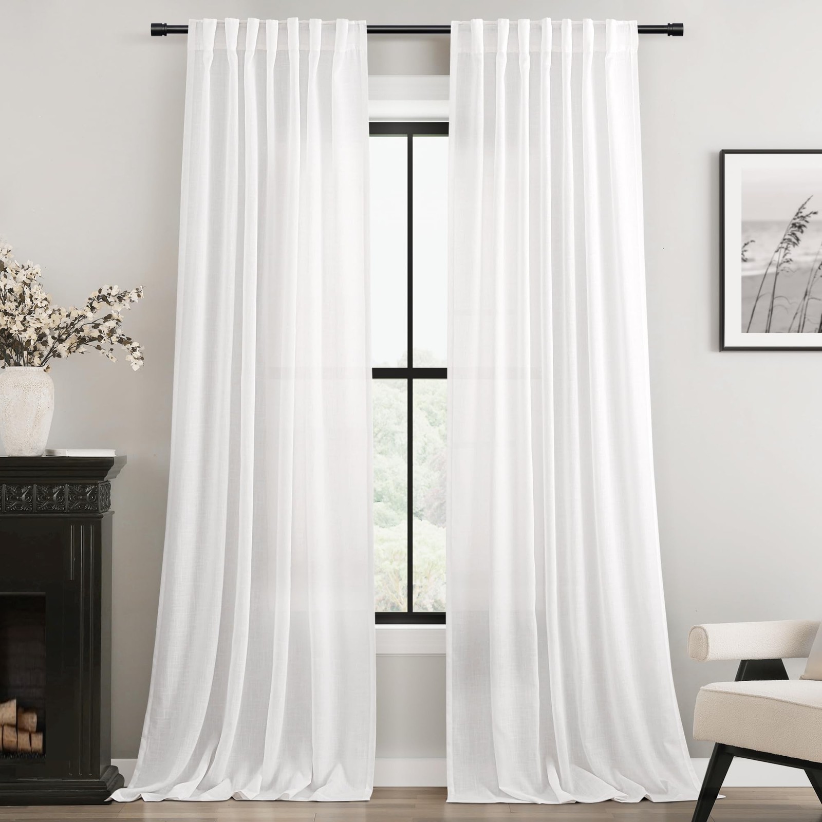 White Curtains 102 inches Long 2 Panels Back Tab Light Filtering Cotton Textu…