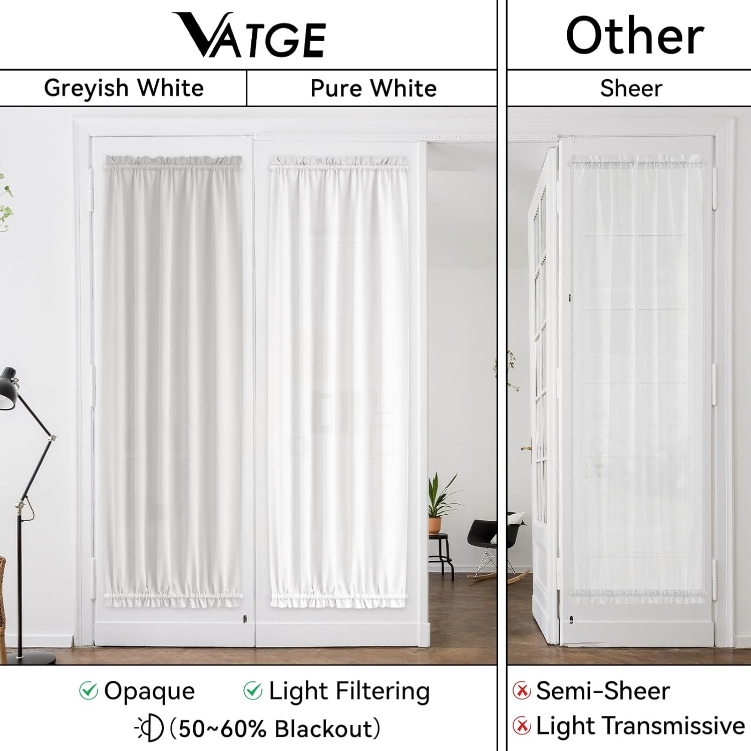 Rodless Self-Adhesive French Door Curtain, Light Filtering, 25×72, Greyish White