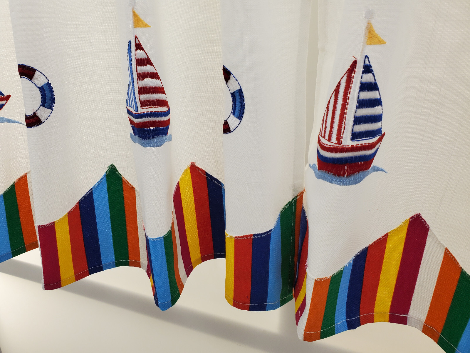 Newport Embroidered Sailcloth Nautical Sailboat Beach Stripe Valance or Tiers