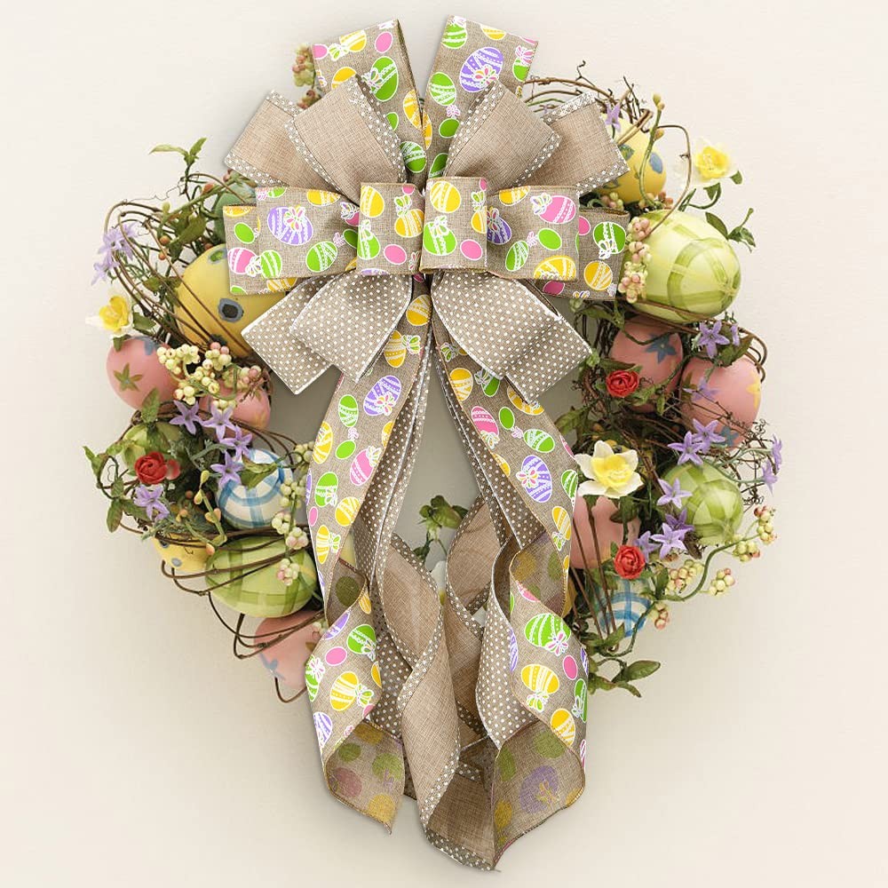 Large Easter Wreath Bows Front Door Flaxen Burlap Easter Eggs Spring Tree Topper