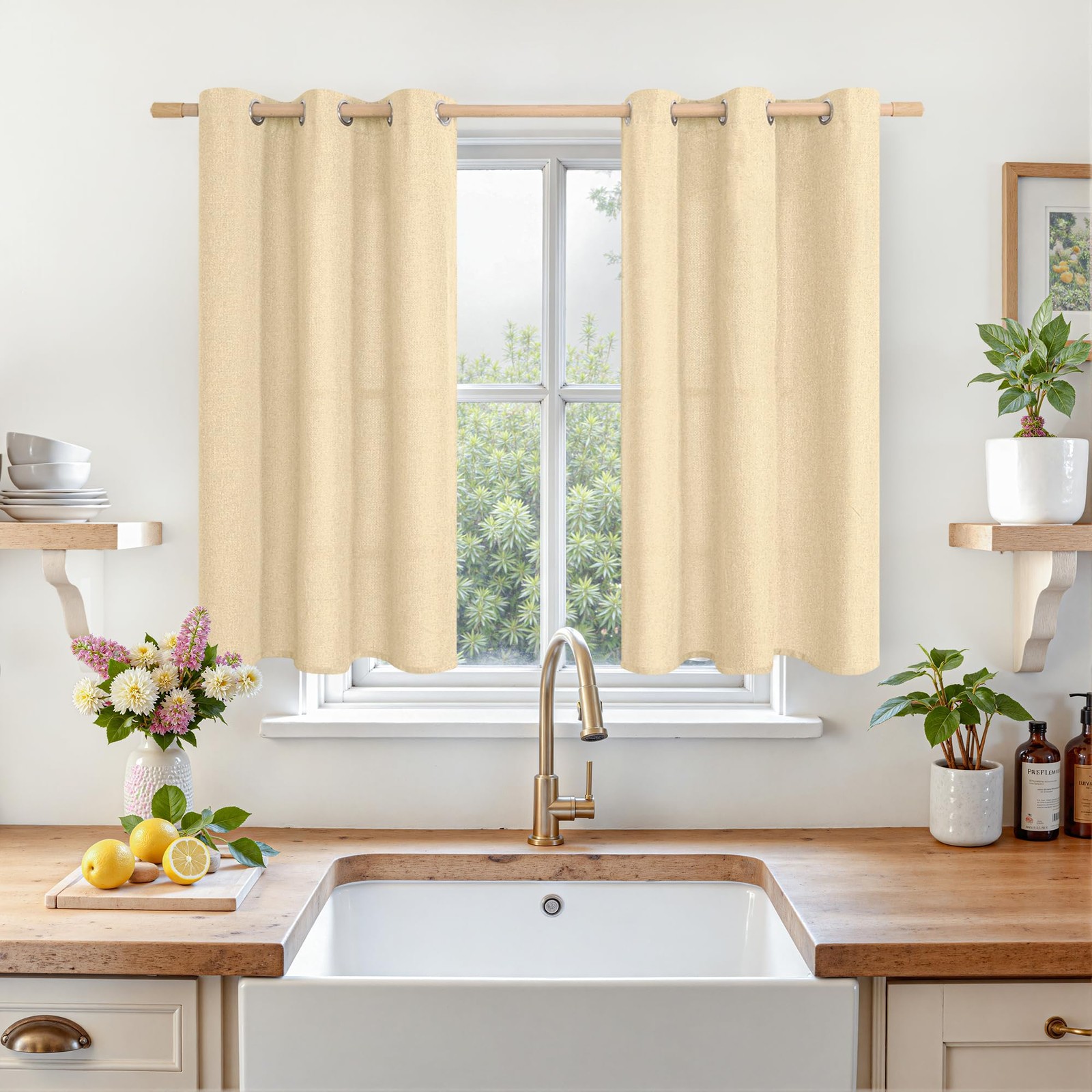 LAMIT Sand Linen Curtains 40 Inches Long for Kitchen Windows, Short Linen