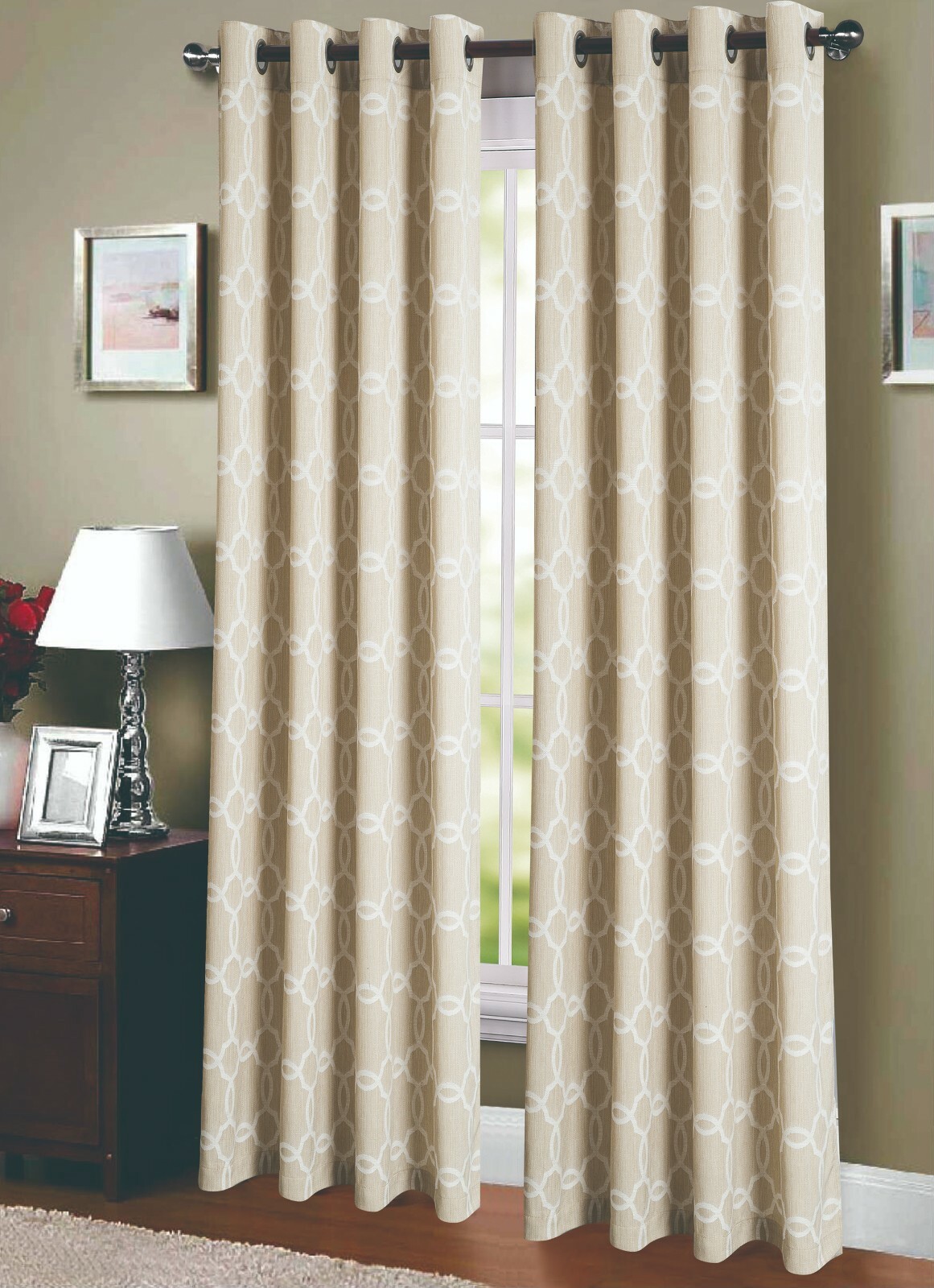 2 Panels Set Jacquard Weave Geometric Grommet Top Window Curtain Panel, 2FF1015