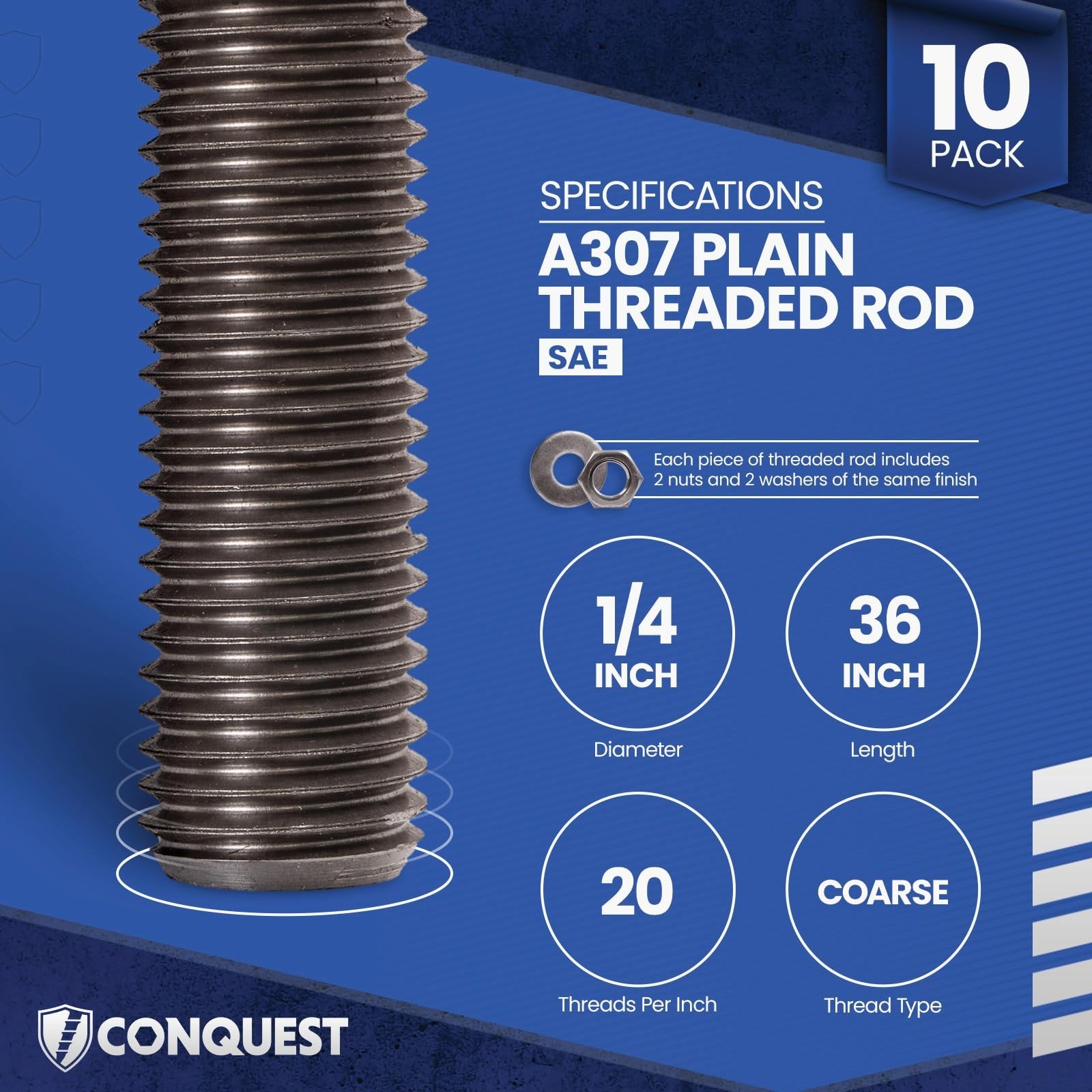 Unfinished Threaded Rods 1/4″-20 x 36″ (10-Pack) – Coarse All-Thread ASTM A307 G