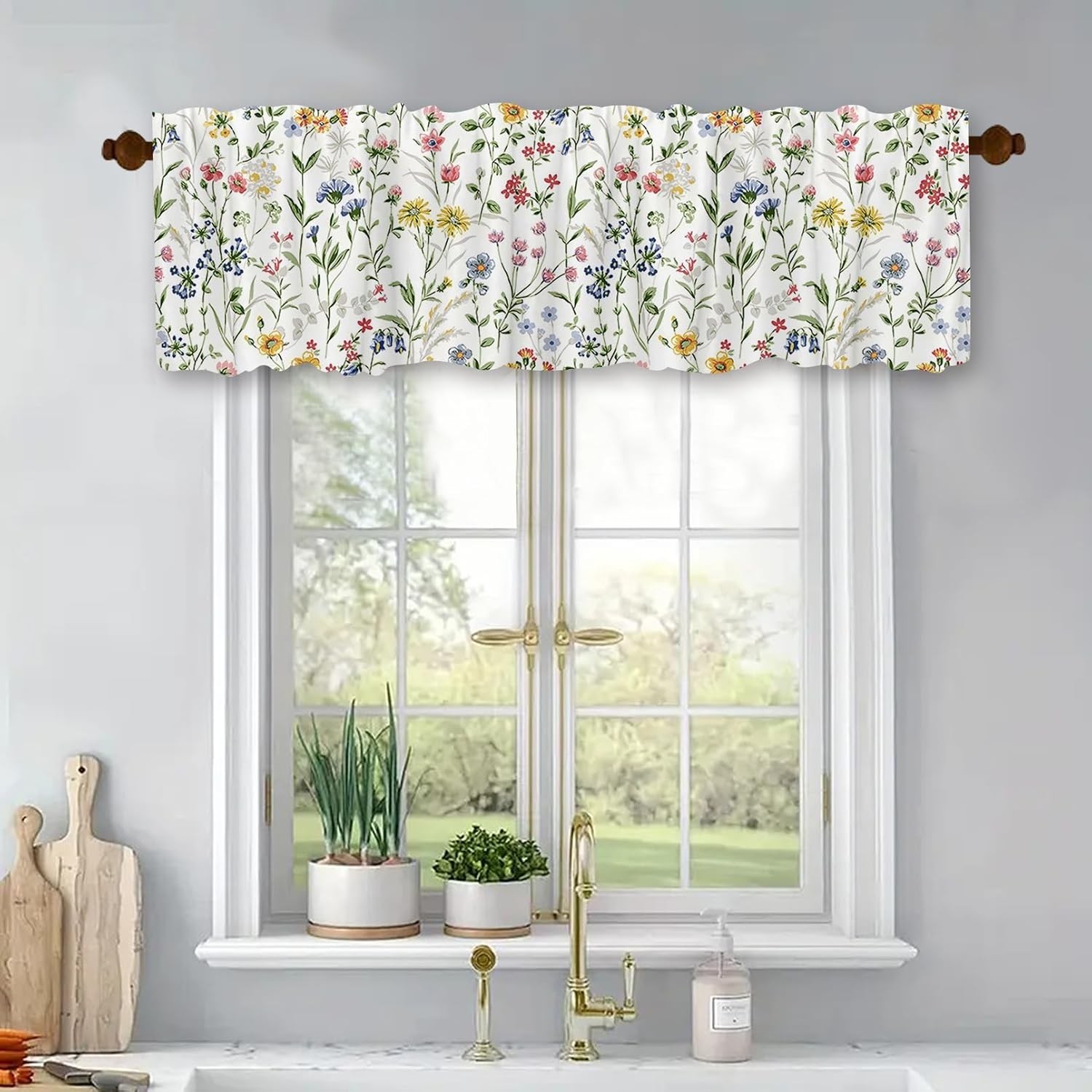 54×18 Inches Watercolor Floral Window Treatment Valance Farmhouse Wildflowers
