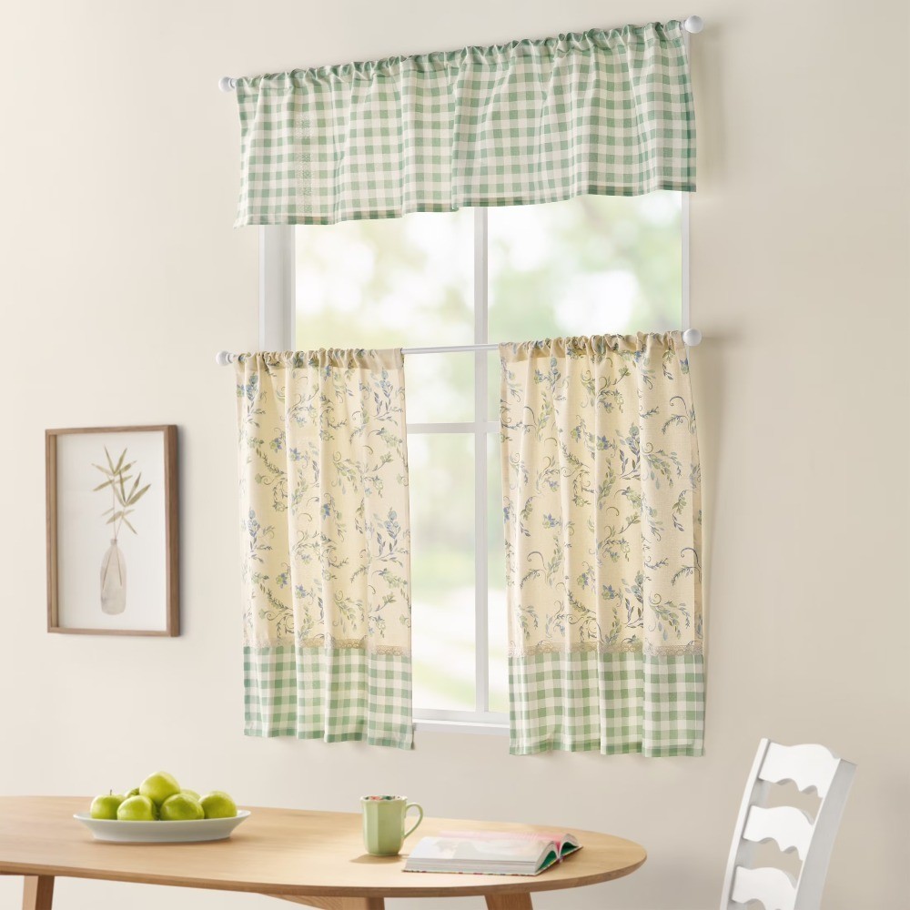 Sweet Sprigs 3 Piece Tier Set, Sage, Recycled Polyester BCI Cotton, 60″W x