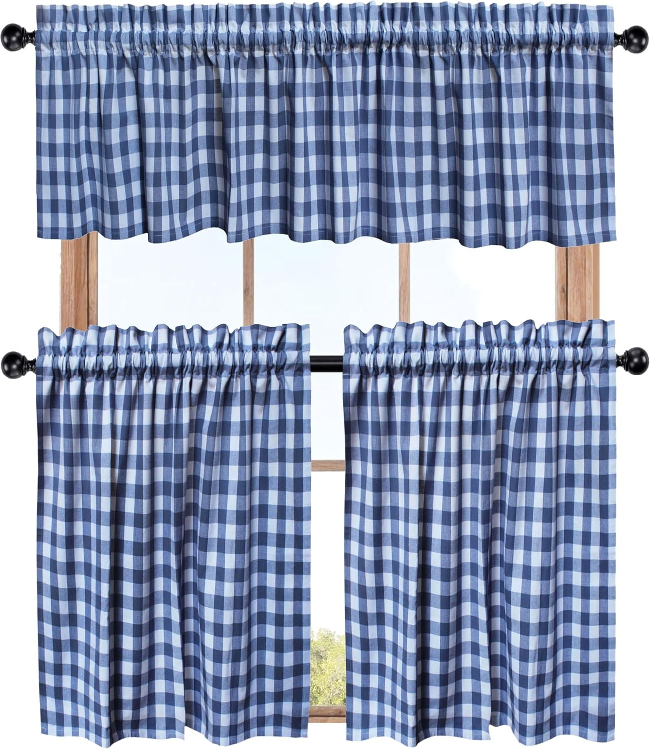 Café Curtains – Tier Window Treatment Curtains – Blue and White Gingham Check 3