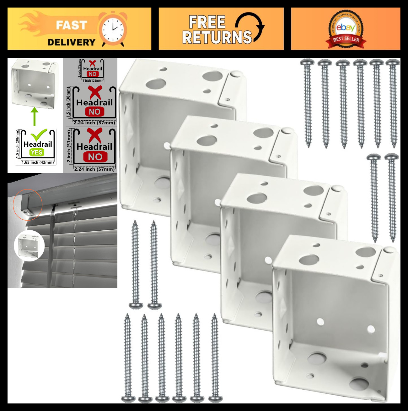 4pcs Window Blinds Brackets for 1.5″ High Profile Headrail – White Mounting Hold