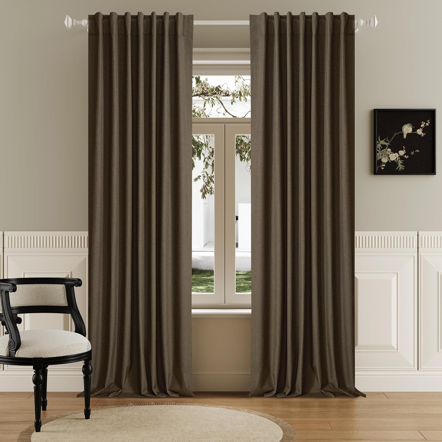 132″ Brown Linen Blackout Curtains – 2 Panel Set for Living Room/Bedroom