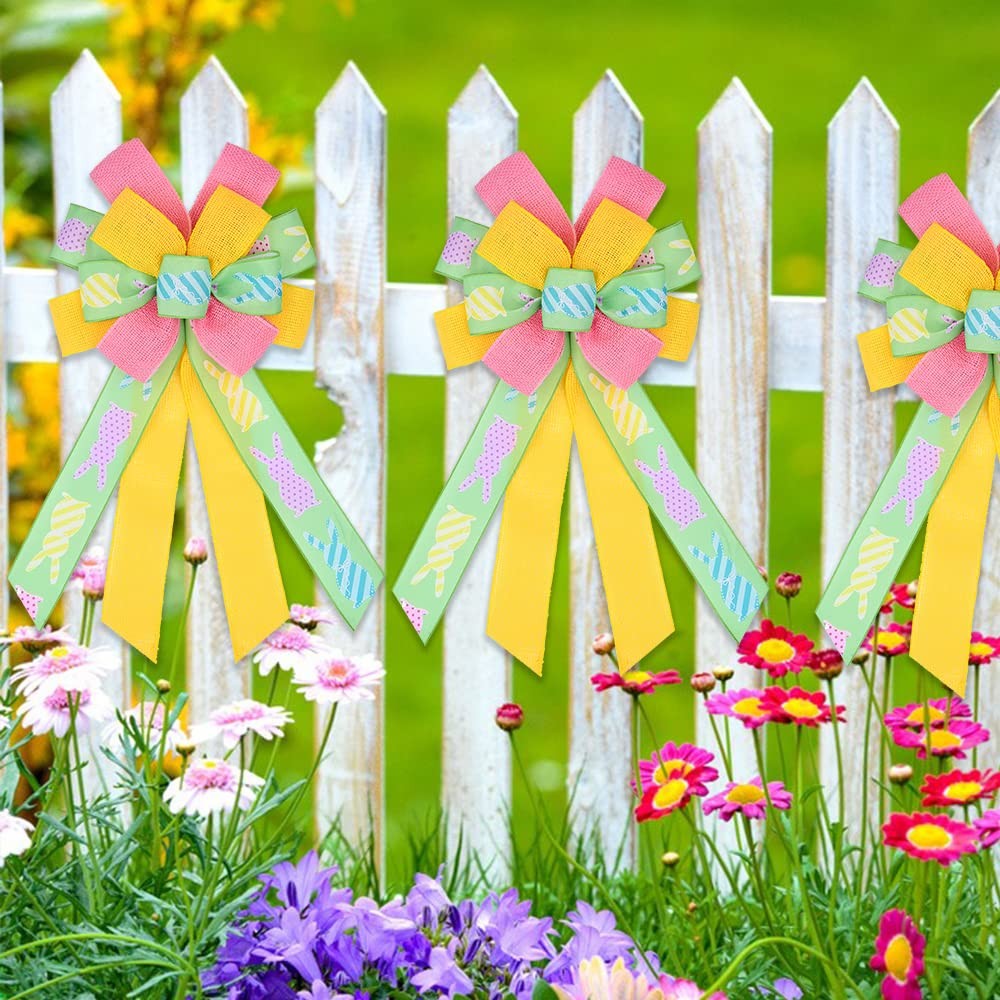 Happy Easter Large Wreath Bows for Front Door Decorations, Pink Yellow Holiday