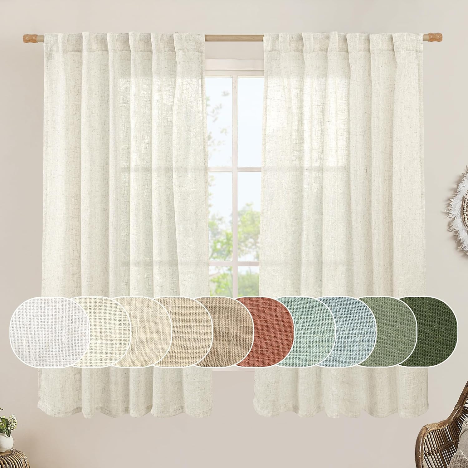 LAMIT Semi Sheer Linen Window Curtains 63 Inch Length, Light Filtering Neutral C