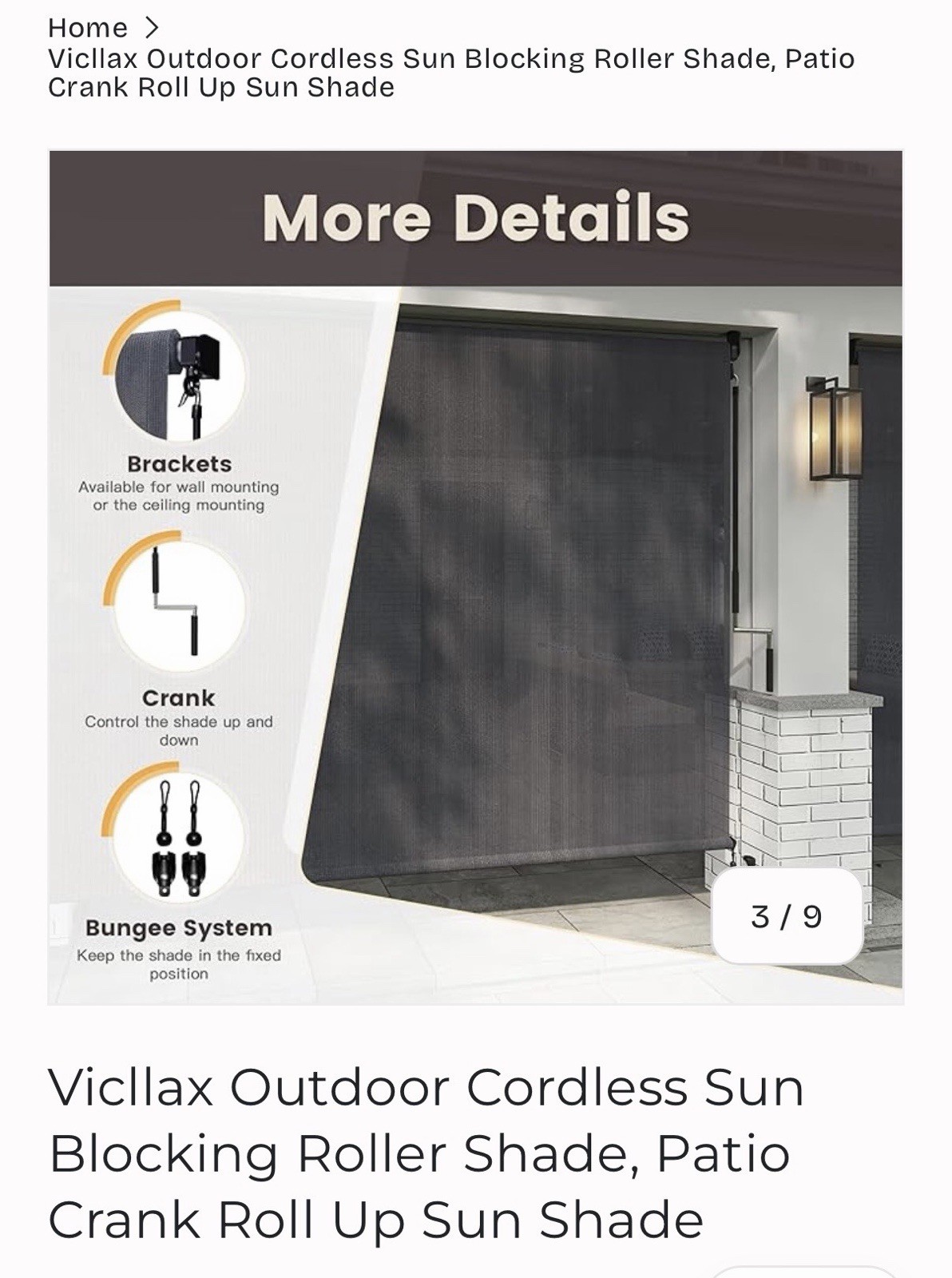 Outdoor Cordless Roller Shade 8 FT Grey Sun Blocking UV Resistant Crank