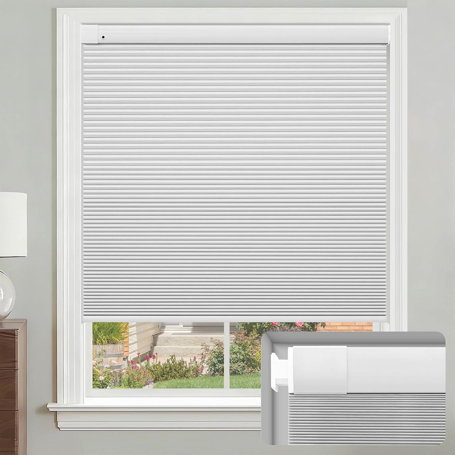 No Drill Cellular Shades, White 32″ W x 48″ H Cordless Blackout Pull Down