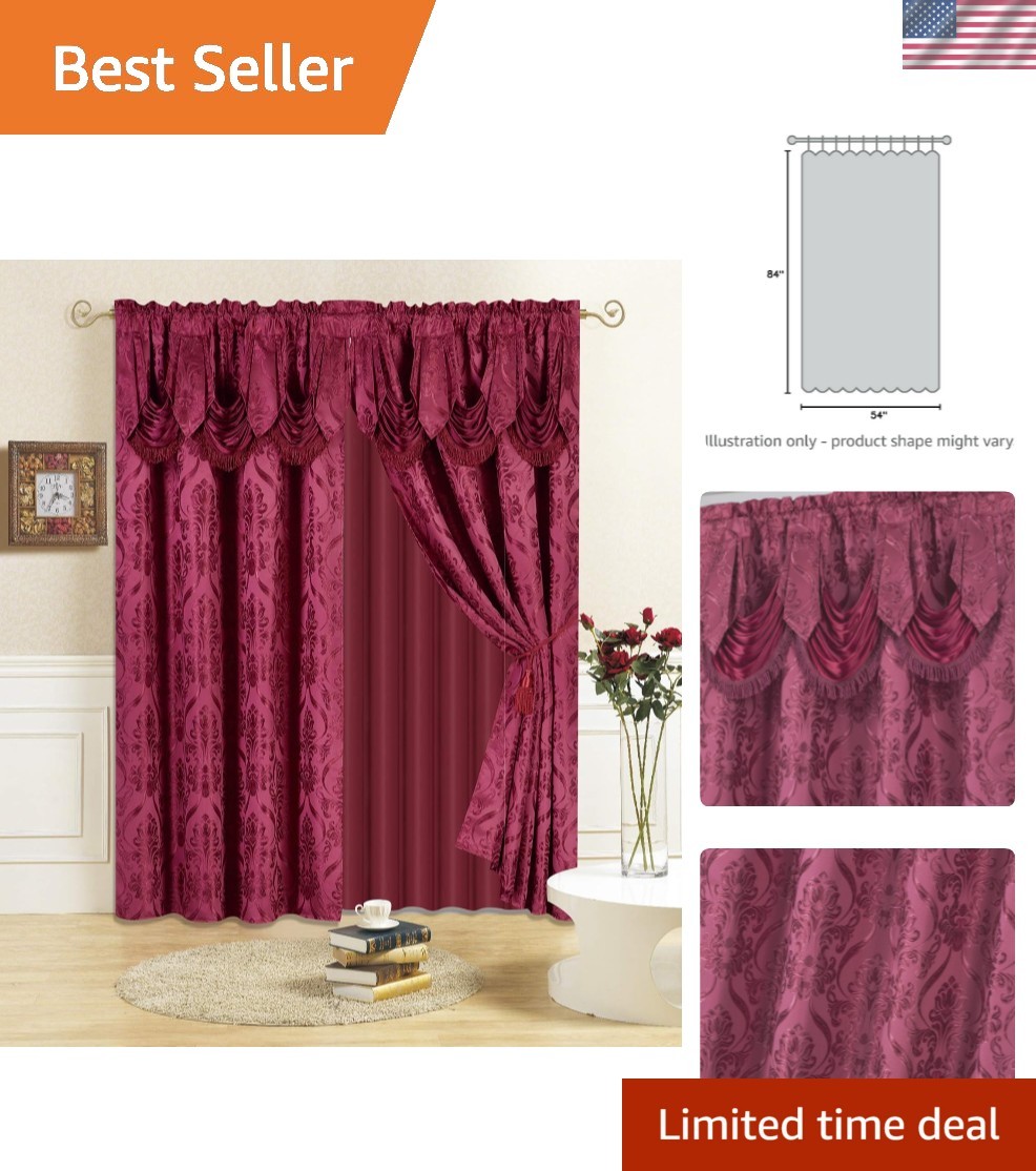 New 4 Piece Drape Set with Attached Valance and Sheer with 2 Tie Backs Includ…
