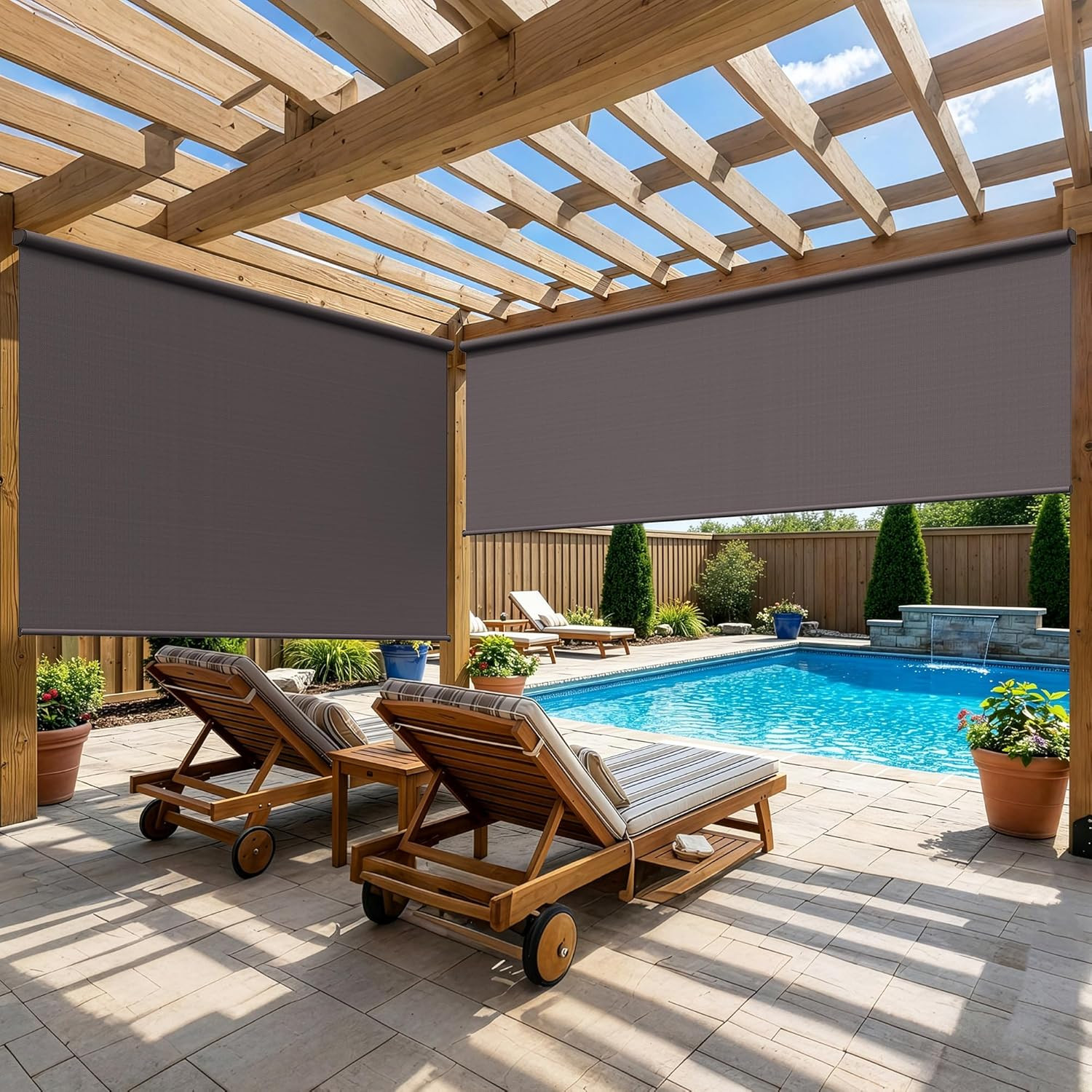 Patio Outdoor Roller Shades 10’W x 8’H, 95% UV Protection, No Crank, Brown