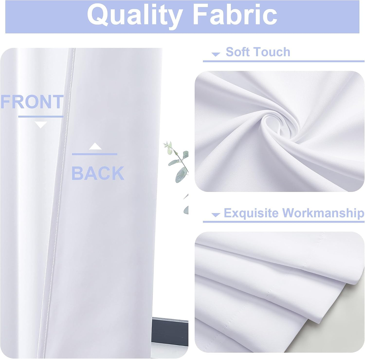 Ava Pure White Curtains for Bedroom 54 Inches Long 2 Panels Set, Light Filtering
