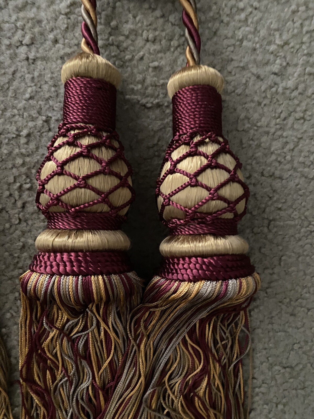 Pair Double Tassel Curtain Tiebacks Braided Rope Burgundy Wine Gold Green 31”