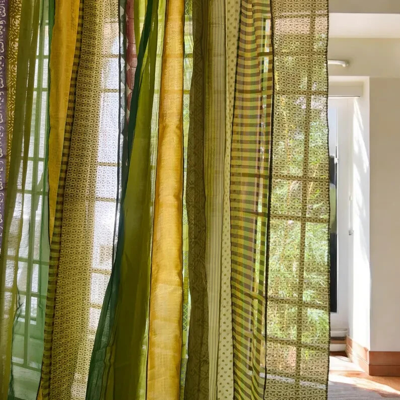 2 Pc Indian Old Recycle Silk Saree Boho Multi Curtain Door Drape Decor Curtain
