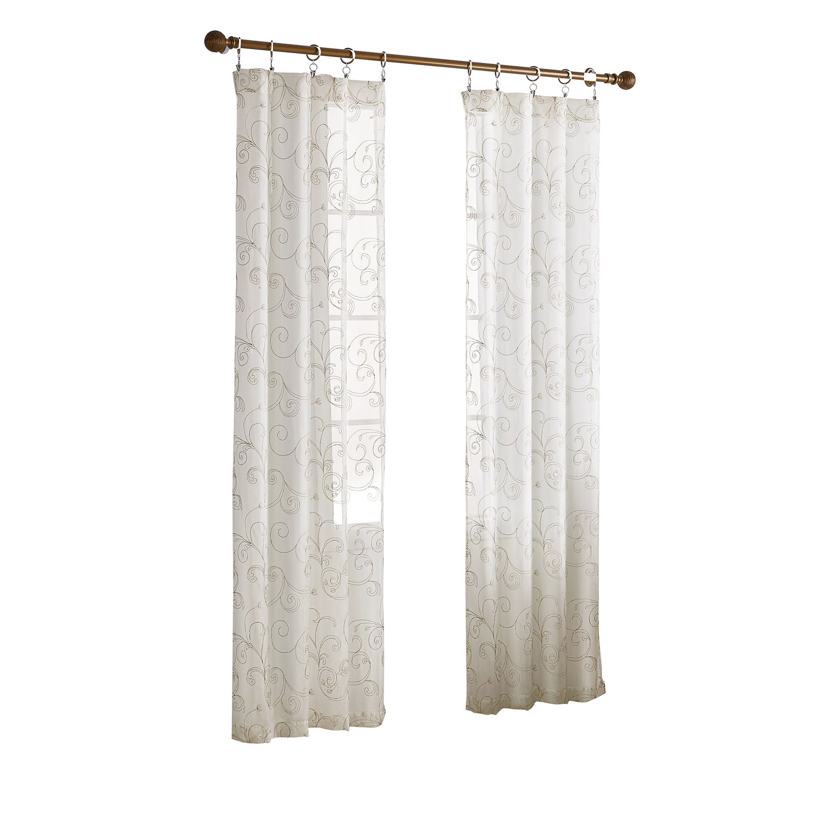 Scroll Rod Pocket Sheer Curtain Panel, 1-Piece, White/Grey, 38″ W x 63″ L