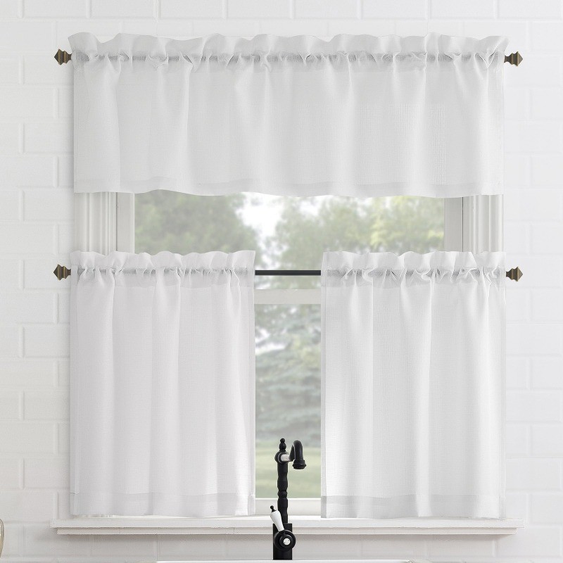 Semi Sheer Tier and Valance Set Navy 56 Inch Wide 36 Inch Long Textured Cafe