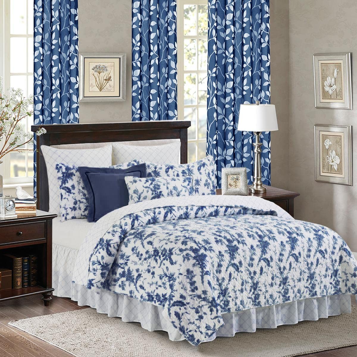 XTMYI Navy Blue Pattern Curtains 84 Inch Length for Living Room 2 Panels Set,Lea