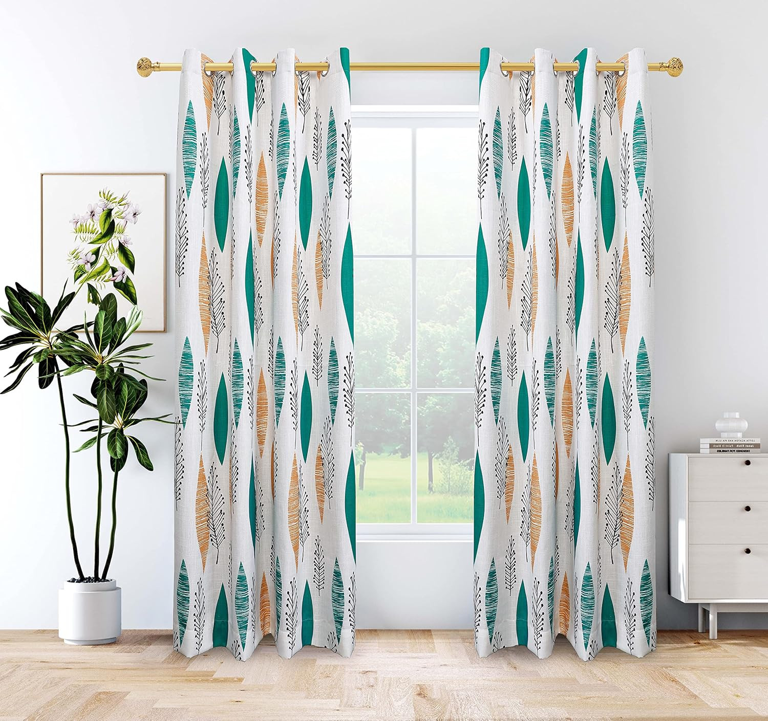 Contemporary Multicolored Leaves Curtains Print Floral Blackout Lined Curtain Pa