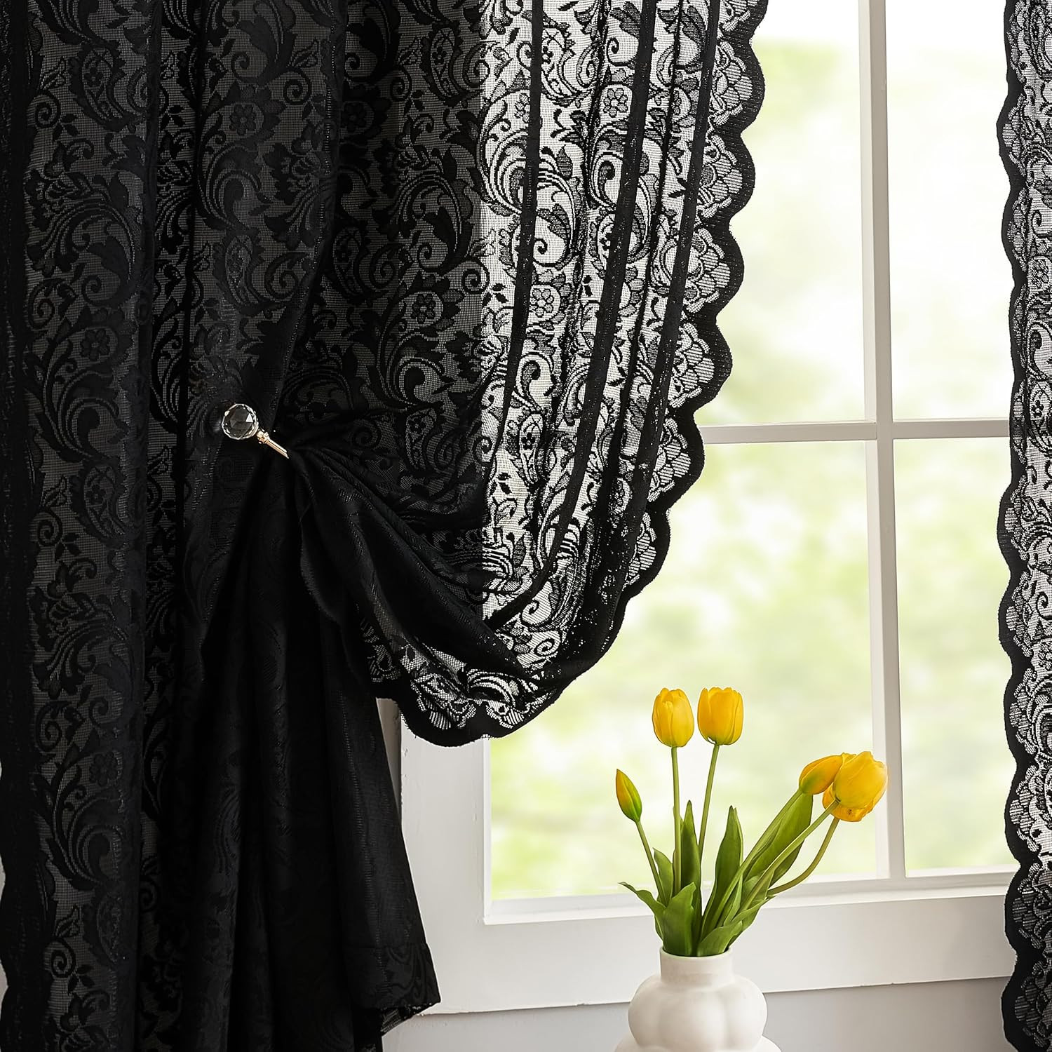 Black Lace Curtains Short 54 Inch Length – Gothic Sheer Dark Floral