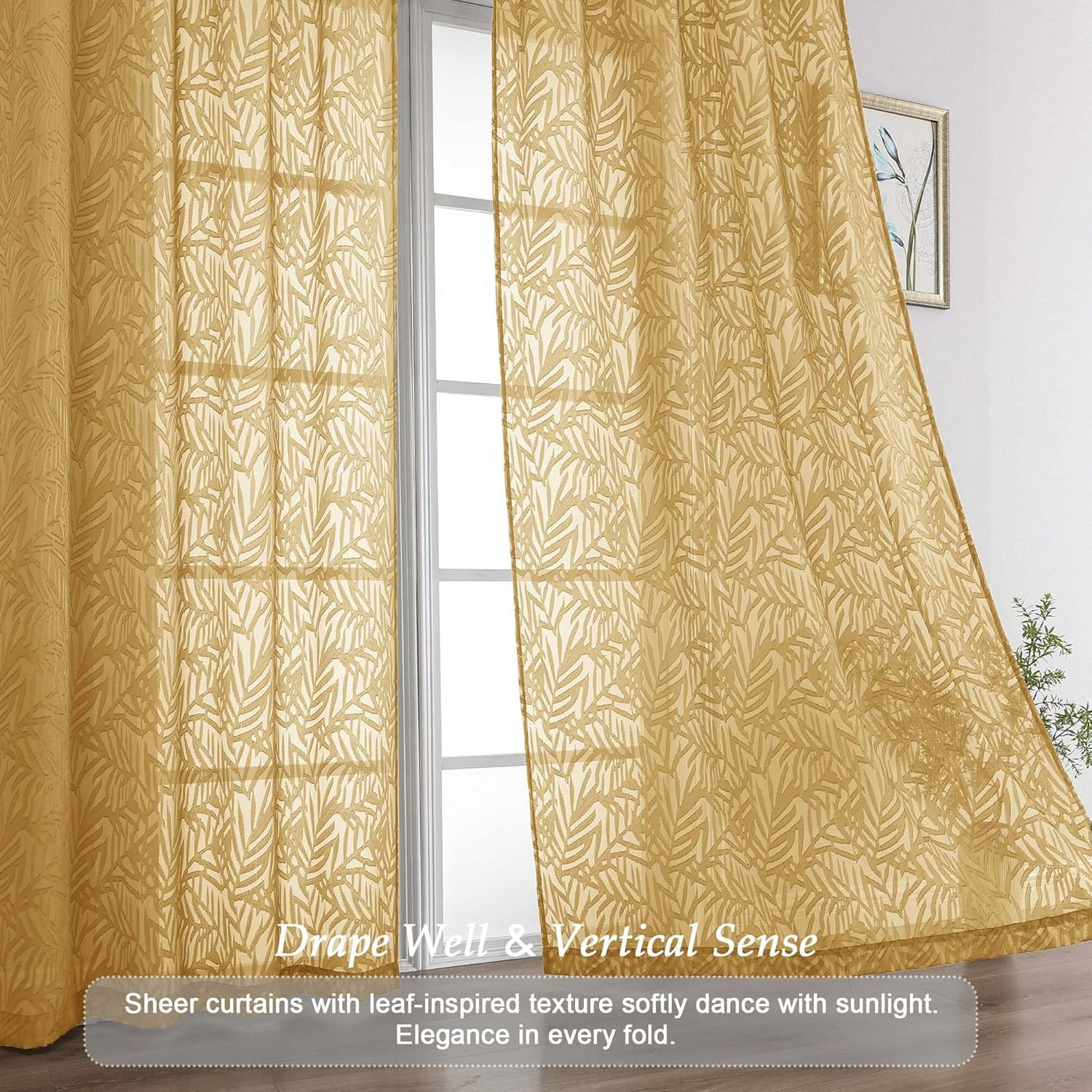 Extra Wide Gold Sheer Curtains 108 Inches Long 2 Panels Set, Leaf Lightweight T