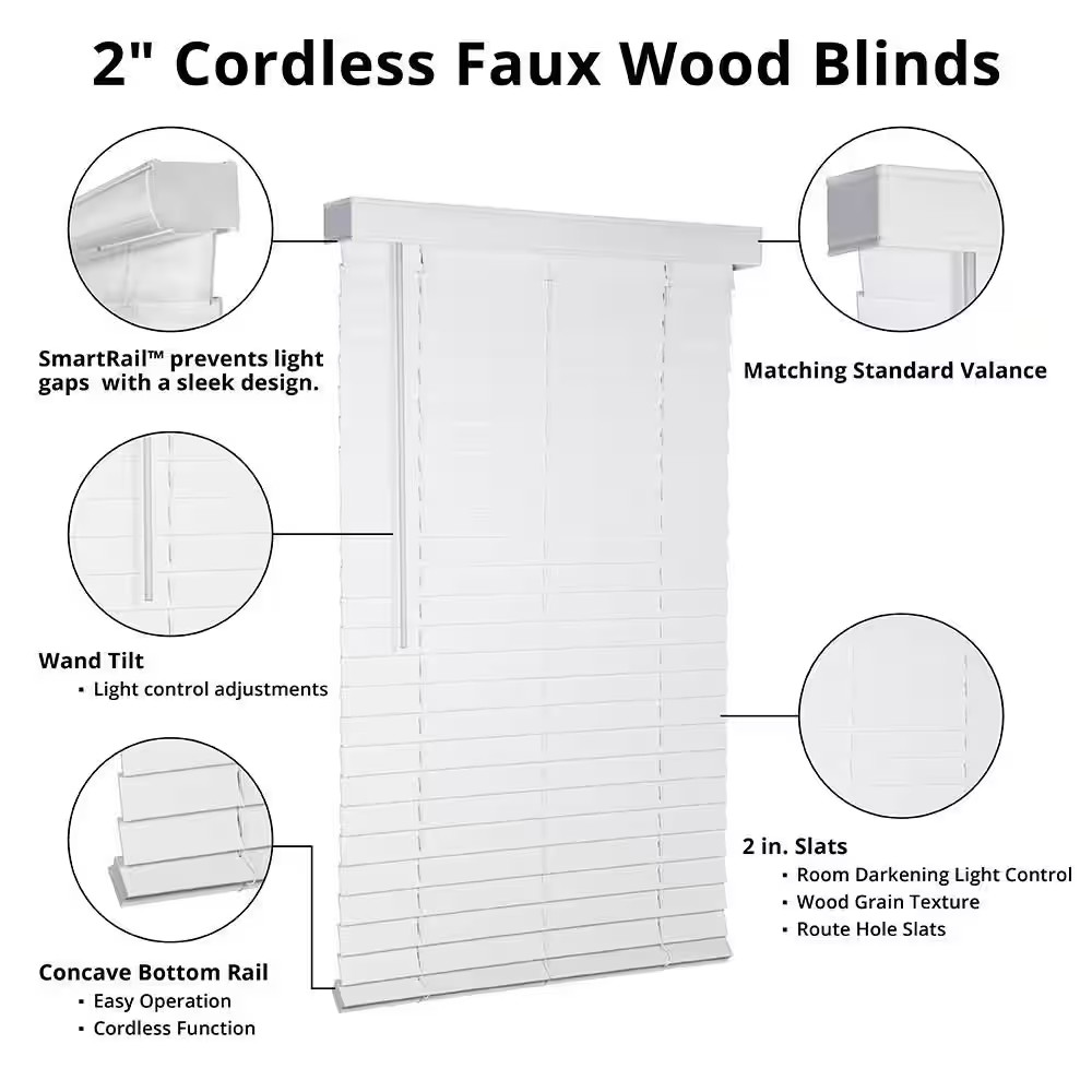White Cordless Faux Wood Blinds for Windows with 2 In. Slats – 35 In. W X 64 In.