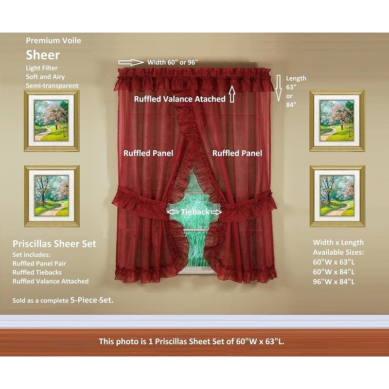 Premium Voile Sheer Ruffled Curtain Set W/ Tiebacks Valance 2 Panels 5 Pieces US