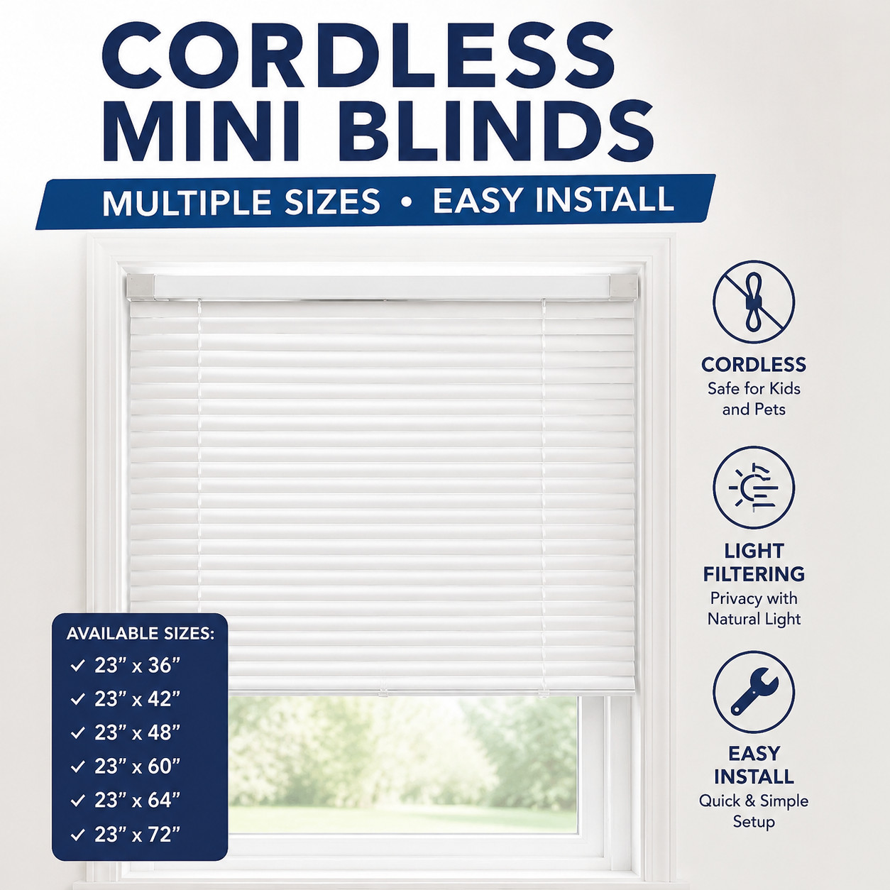 Cordless 1″ White Vinyl Mini Blinds Light Filtering Window Shades Multiple Sizes
