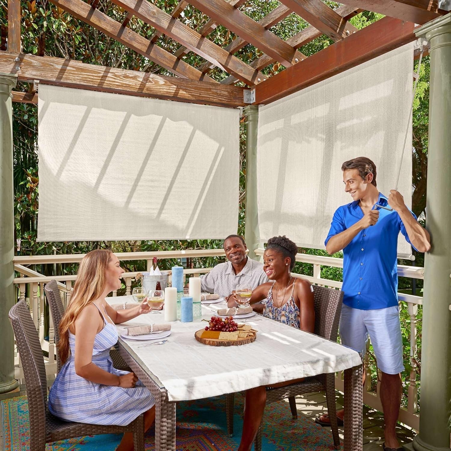 Breathable Outdoor Roller Shade with Wand – Fade-Resistant, Pebble, 8ft x 8ft