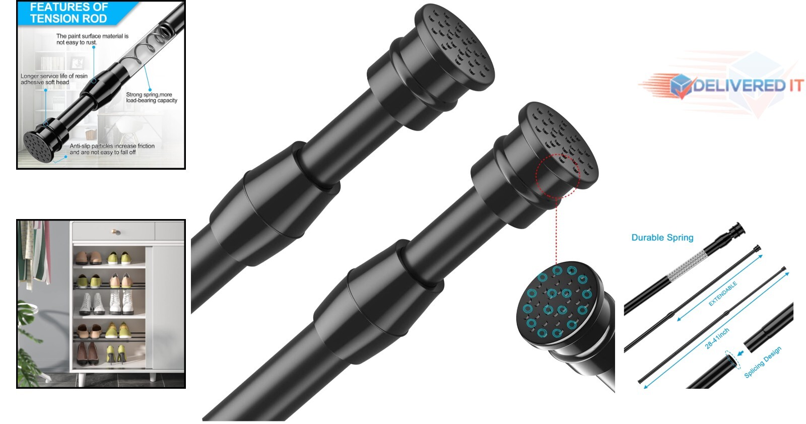 Spring Tension Curtain Rods Black 27-40 Inches 2 Pack Adjustable Heavy Duty