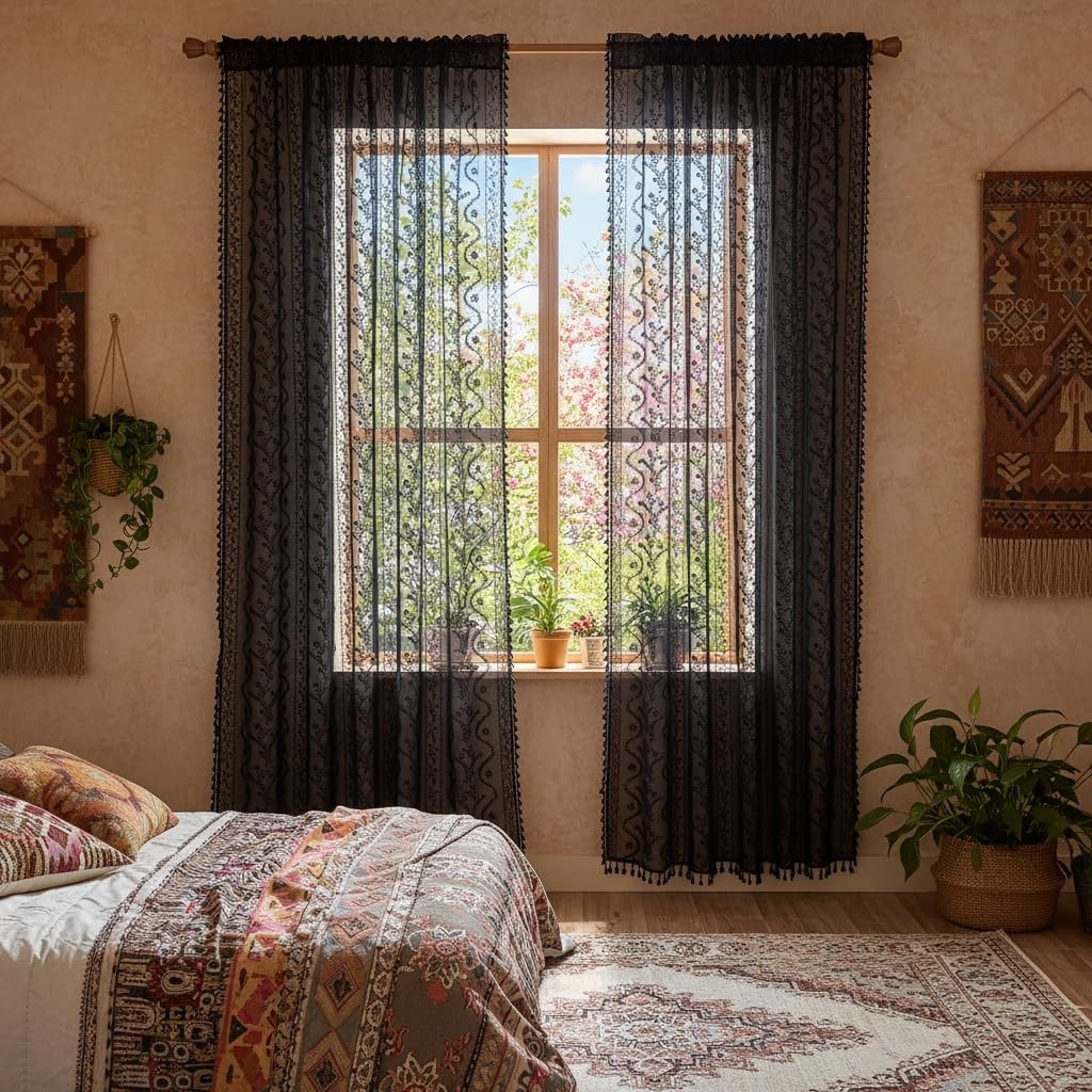 Boho Lace Curtains 63 Inch -Vintage Victorian Sheer Panel Drape Floral Patter…