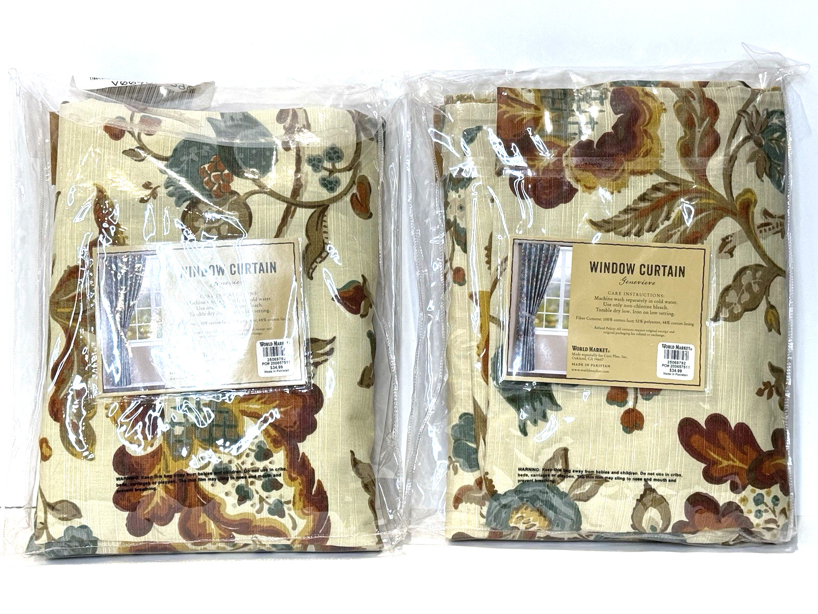 Set of 2 WORLD MARKET 48″x 84″ in Floral Panels Curtains Drapes Lined Cotton
