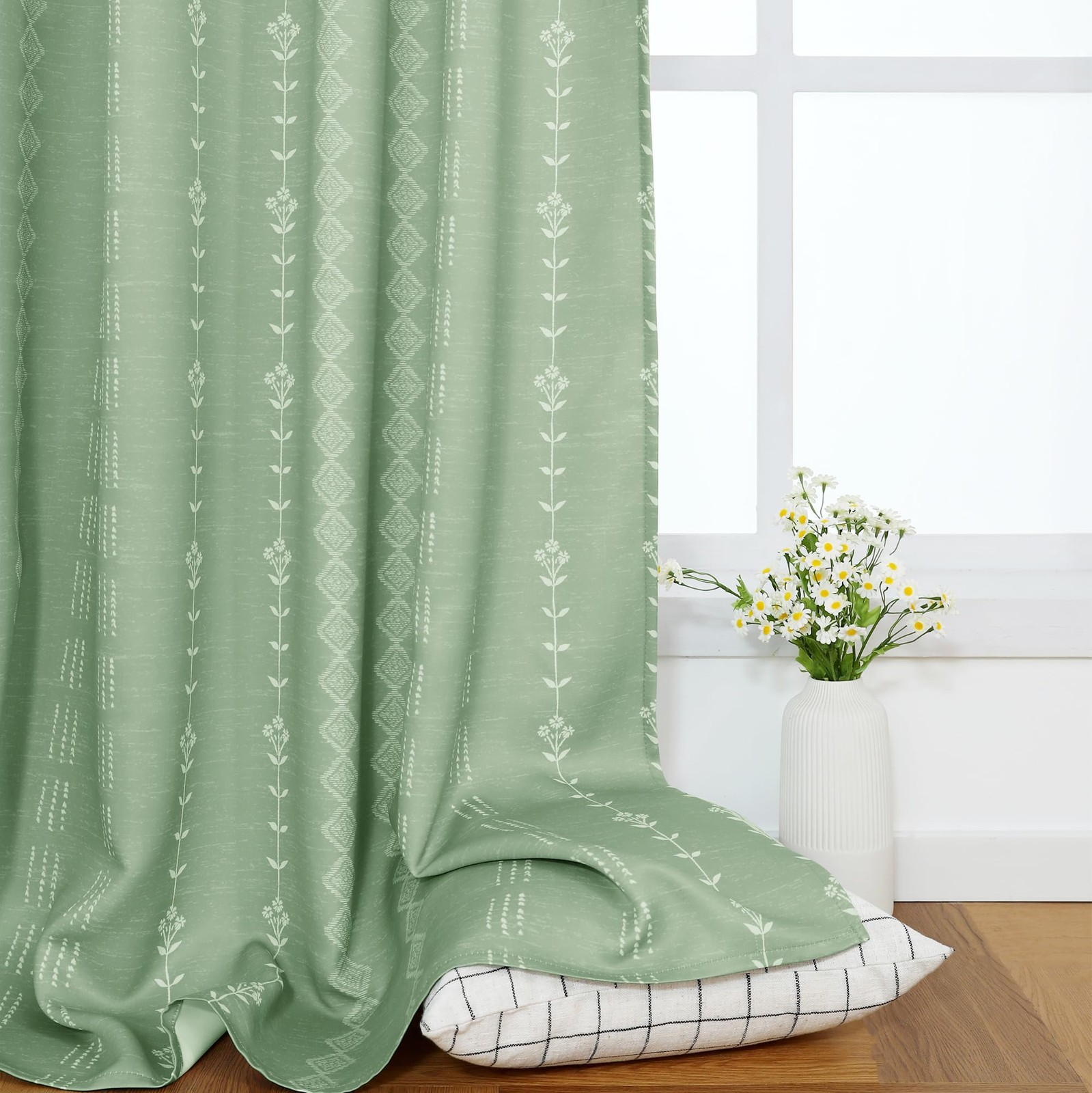 Lino Rosa Sage Green Botanical Patterned Curtains Boho Neutral Nursery Curtains