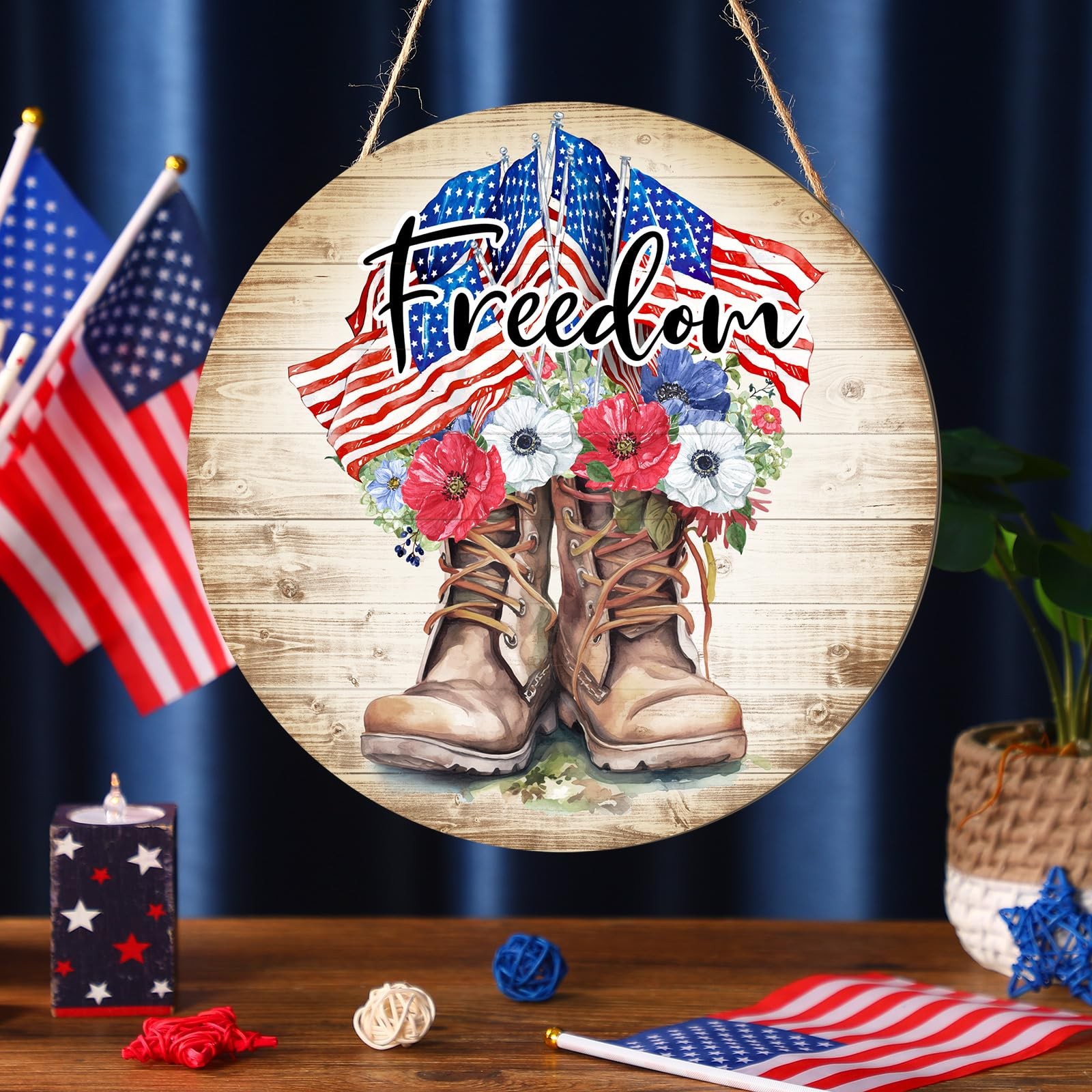Memorial Day Decorations Patriotic Front Door Sign American Soldier Boots Hangin