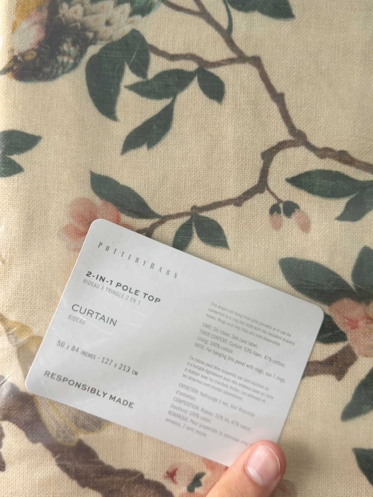 NEW Pottery Barn Nola Printed Curtain Panel 50×84 Ivory Floral light filtering