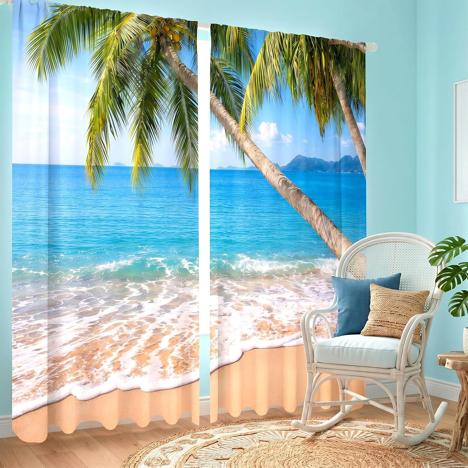 Tropical Beach Palm Tree Window Curtains 2 Panel Set 52 x 84 Inch Polyester