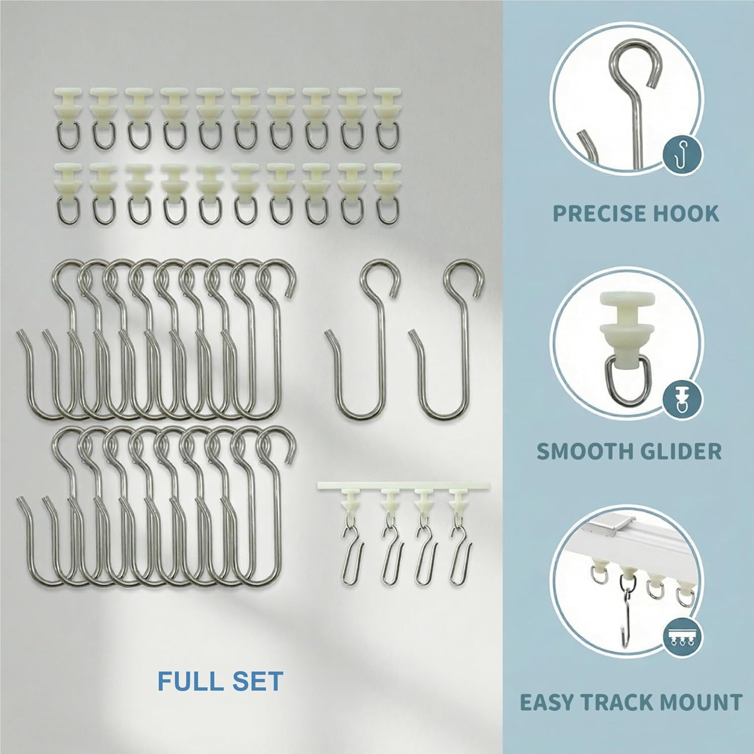 40 Pcs Curtain Track Gliders and Hooks Set Includes 20 Plastic Track Rollers 20