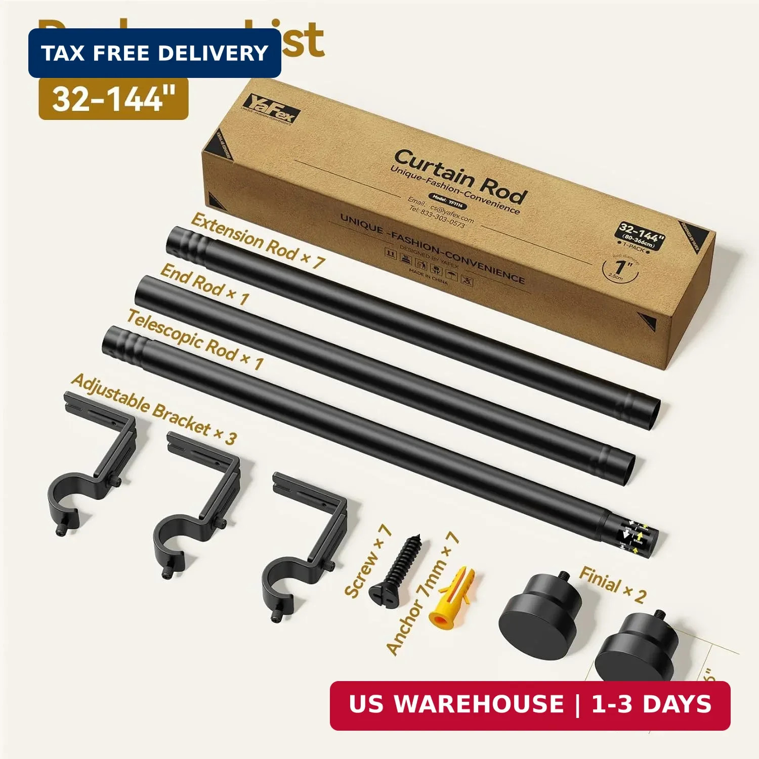 YaFex Curtain Rods 32-144 Inch, Heavy Duty 1 Inch Adjustable Curtain Rod for Win
